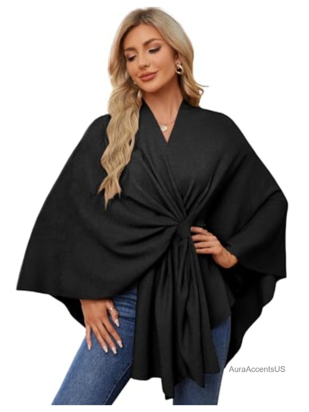Elegant Shawl Wrap Open Front Poncho Sweater Rayon Blend